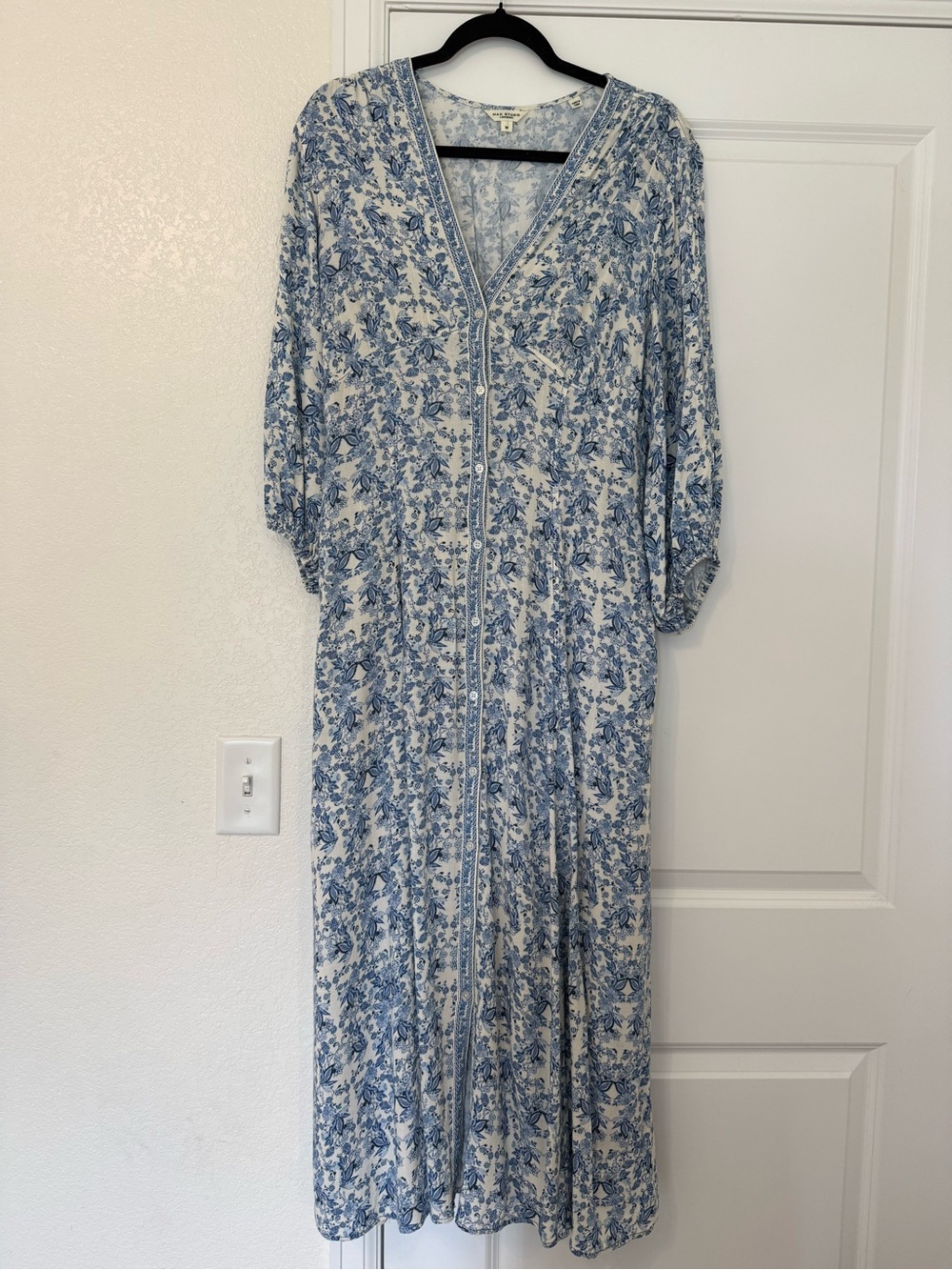 Max Studio Blue and White Floral V-Neck Maxi Dress